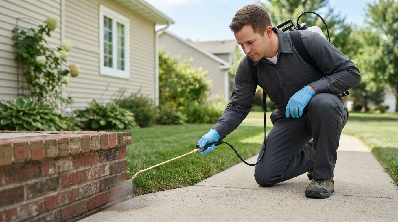 Pest control technician treating a home near Enloe, TX