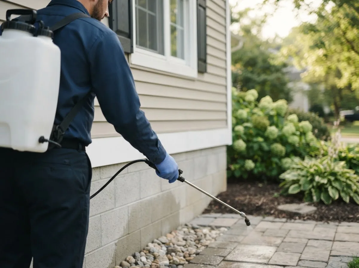 Pest control technician inspecting a home in Enloe, TX